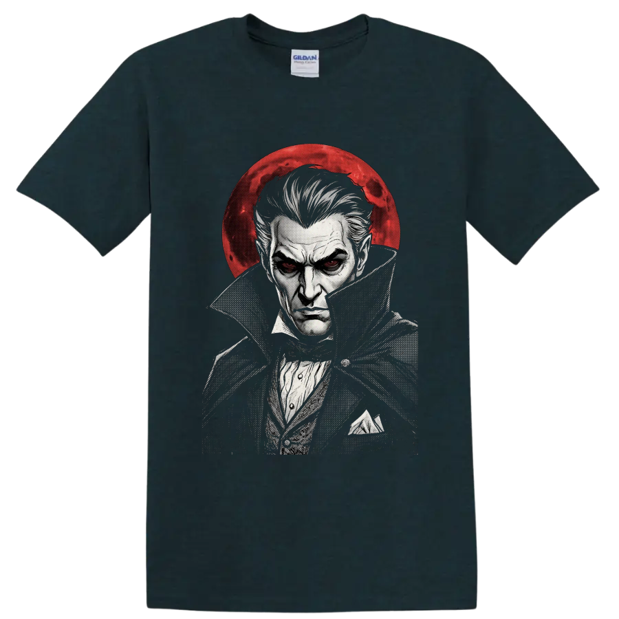 Dracula gothic vampire portrait with red moon in vintage ink style on a Midnight (Green) T Shirt