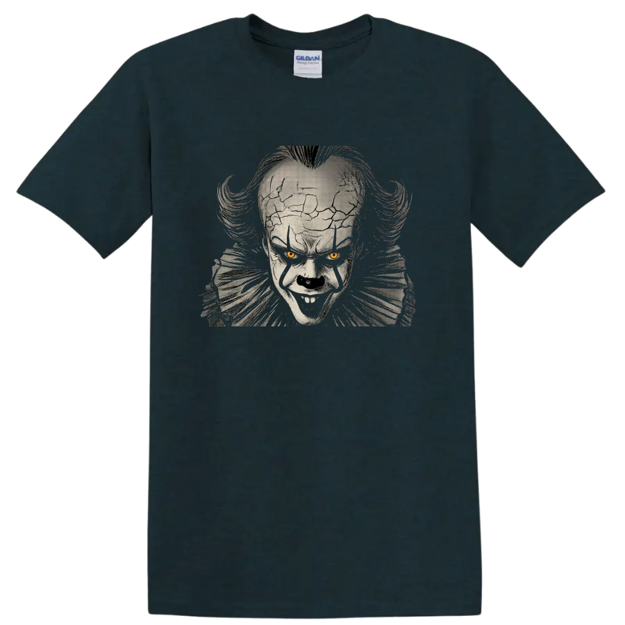 Pennywise from It creepy clown halftone portrait with yellow eyes on a Midnight (Green) T Shirt