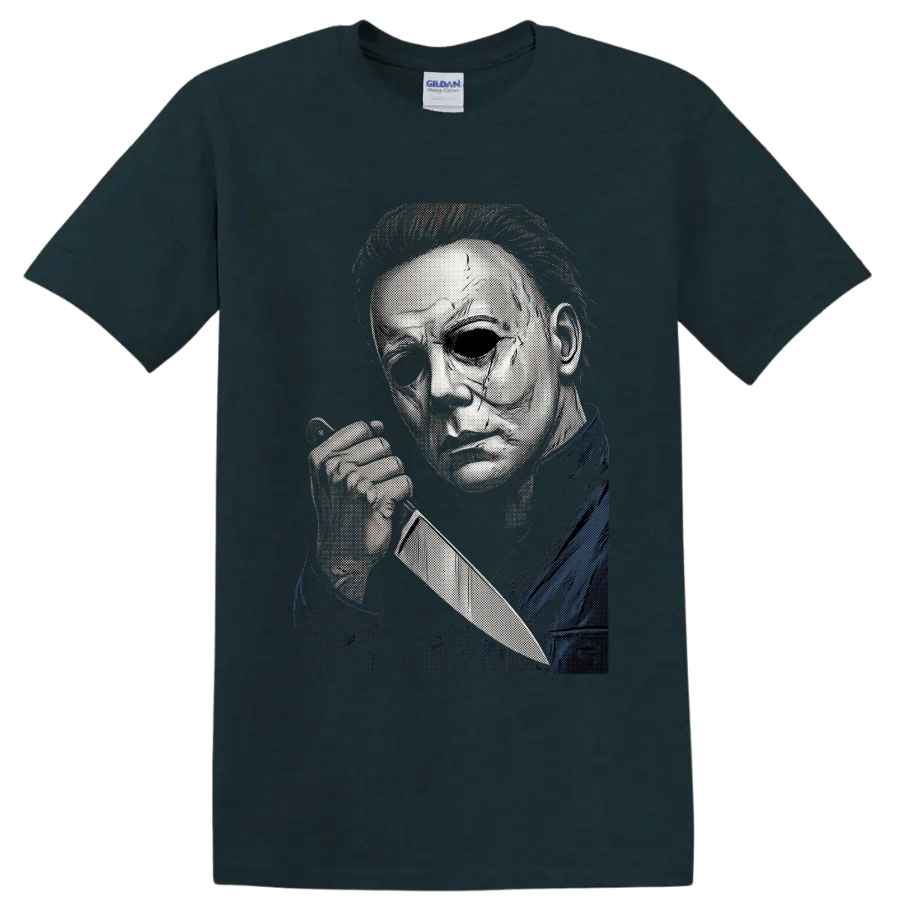Michael Myers masked knife slasher portrait in halftone horror art on a Midnight (Green) T Shirt