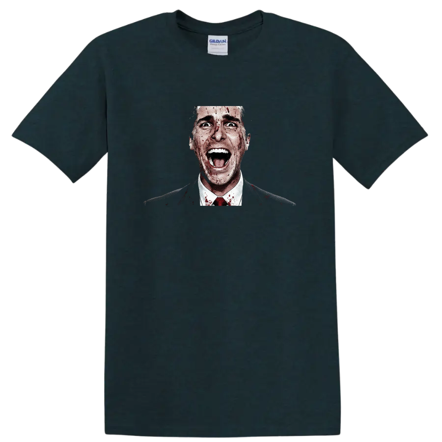 Patrick Bateman American Psycho blood-splatter halftone horror portrait on a Midnight (Green) T Shirt