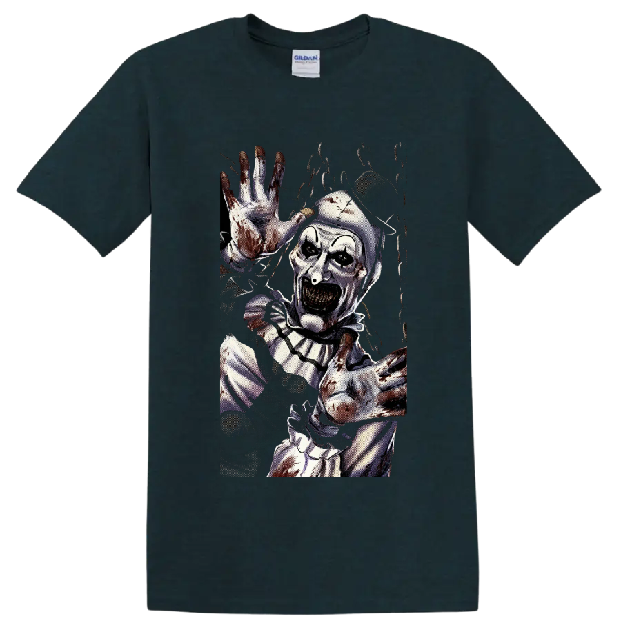 Art the Clown from Terrifier in a gritty bloody horror graphic on a Midnight (Green) T Shirt