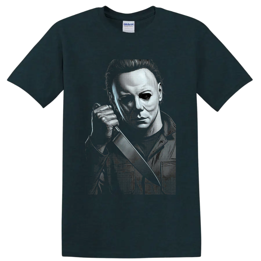 Michael Myers Halloween halftone slasher portrait with knife on a Midnight (Green) T Shirt