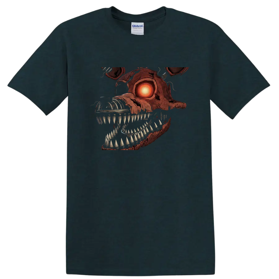 Nightmare Foxy horror animatronic graphic with glowing eye and sharp teeth on a Midnight (Green) T Shirt
