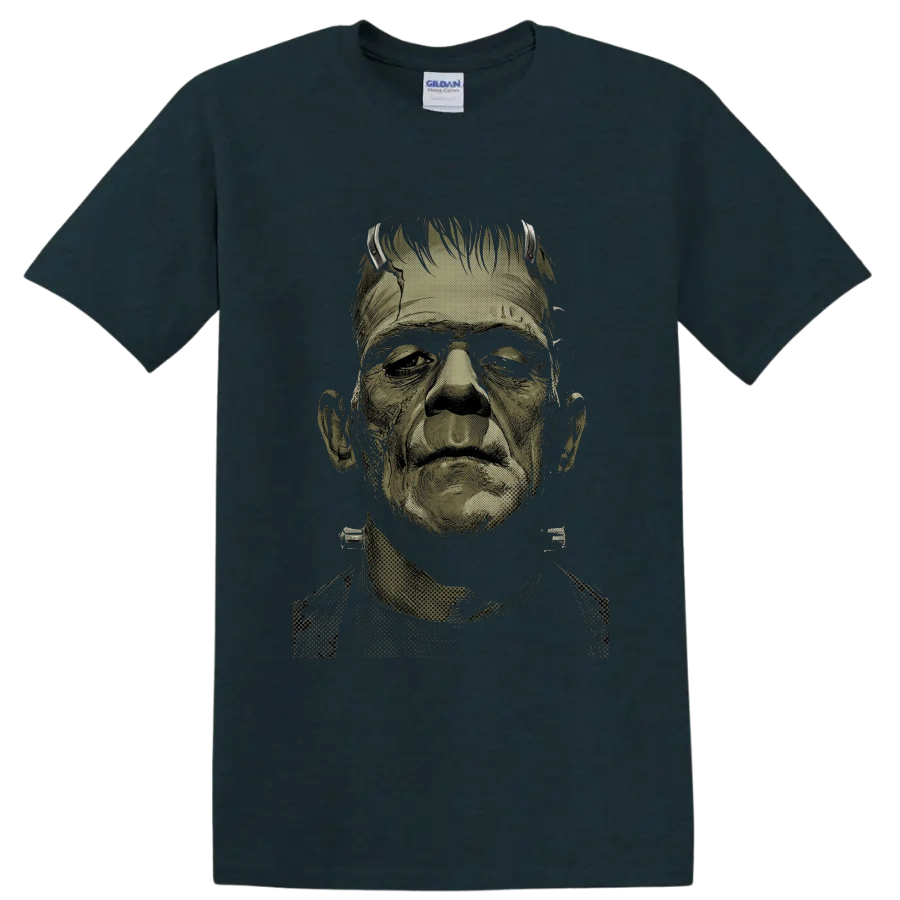 Frankenstein's Monster vintage horror portrait graphic on a Midnight (Green) T Shirt
