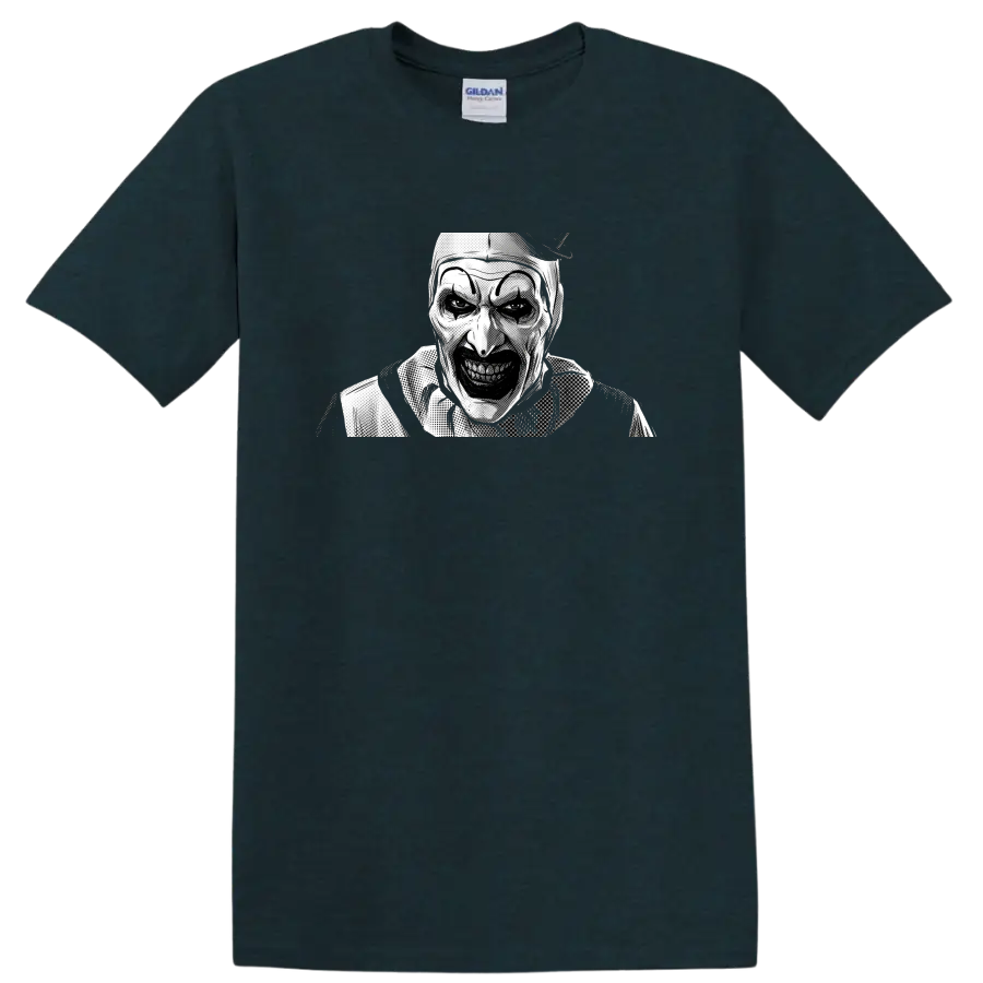 Art the Clown from Terrifier in black and white halftone horror art on a Midnight (Green) T Shirt