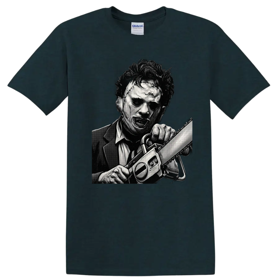 Leatherface wielding a chainsaw in black-and-white halftone horror art on a Midnight (Green) T Shirt