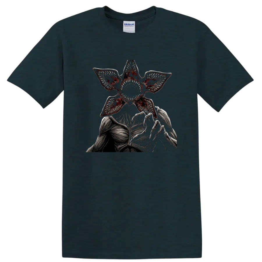 Demogorgon gothic horror graphic with flower-like mouth and reaching claws on a Midnight (Green) T Shirt