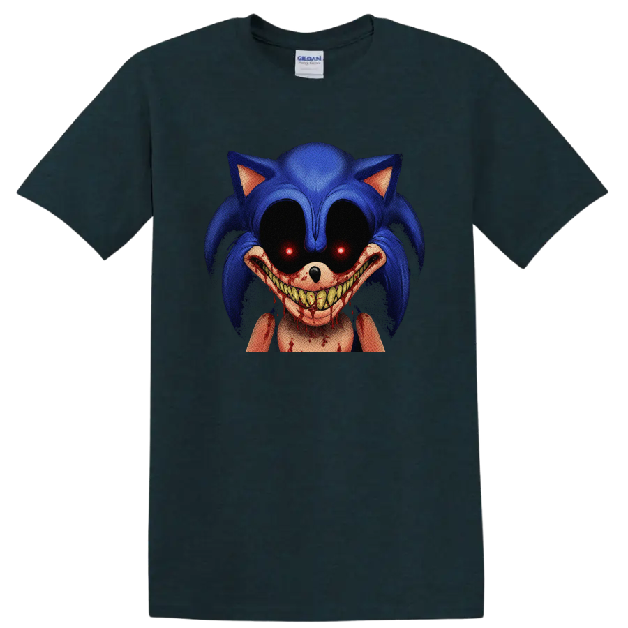 Sonic.EXE horror character with glowing red eyes and bloody toothy grin on a Midnight (Green) T Shirt