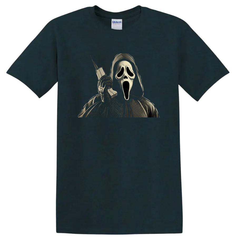 Vintage Ghostface Scream horror graphic holding a telephone on a Midnight (Green) T Shirt