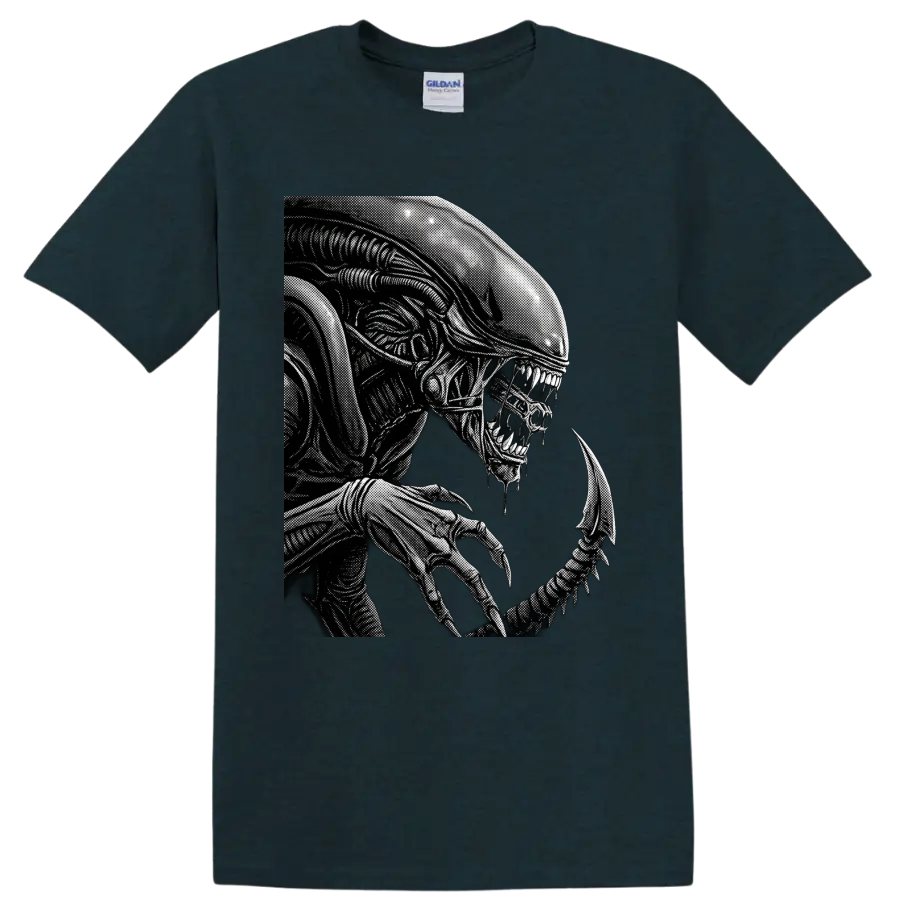 Monochrome Xenomorph Alien biomechanical horror creature graphic on a Midnight (Green) T Shirt