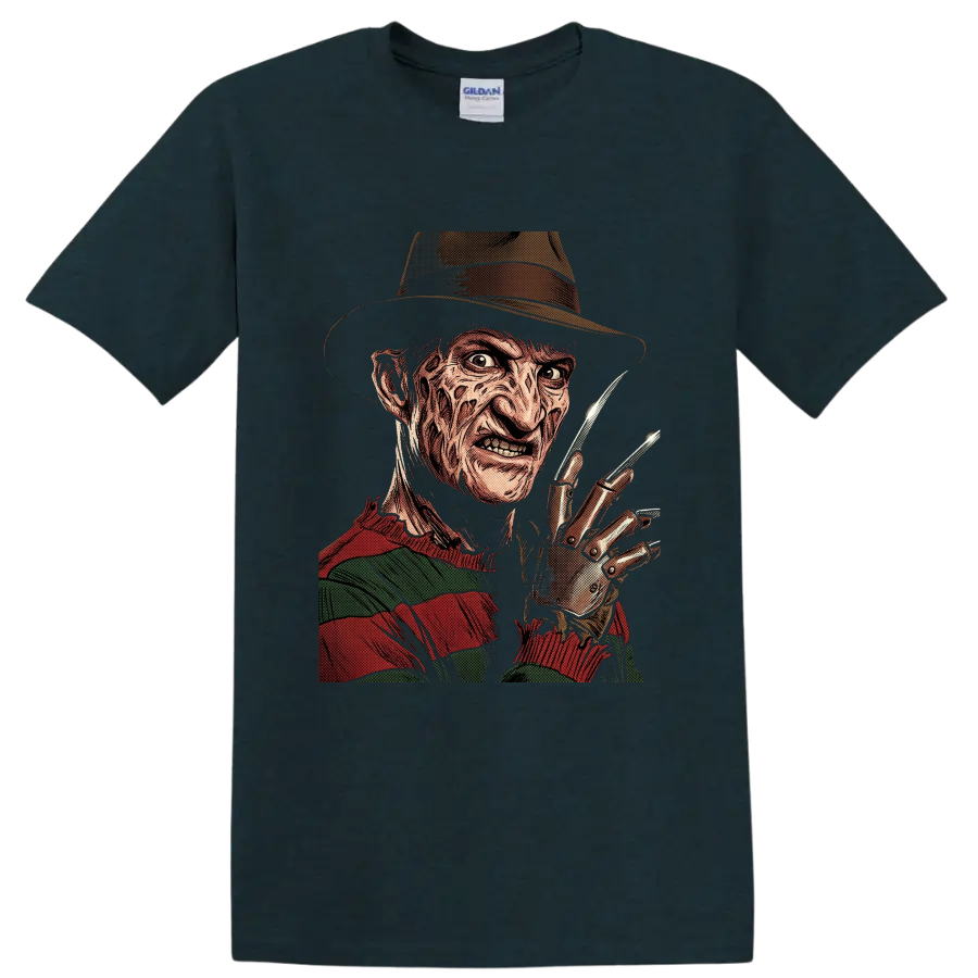 Freddy Krueger vintage comic horror portrait with bladed glove on a Midnight (Green) T Shirt
