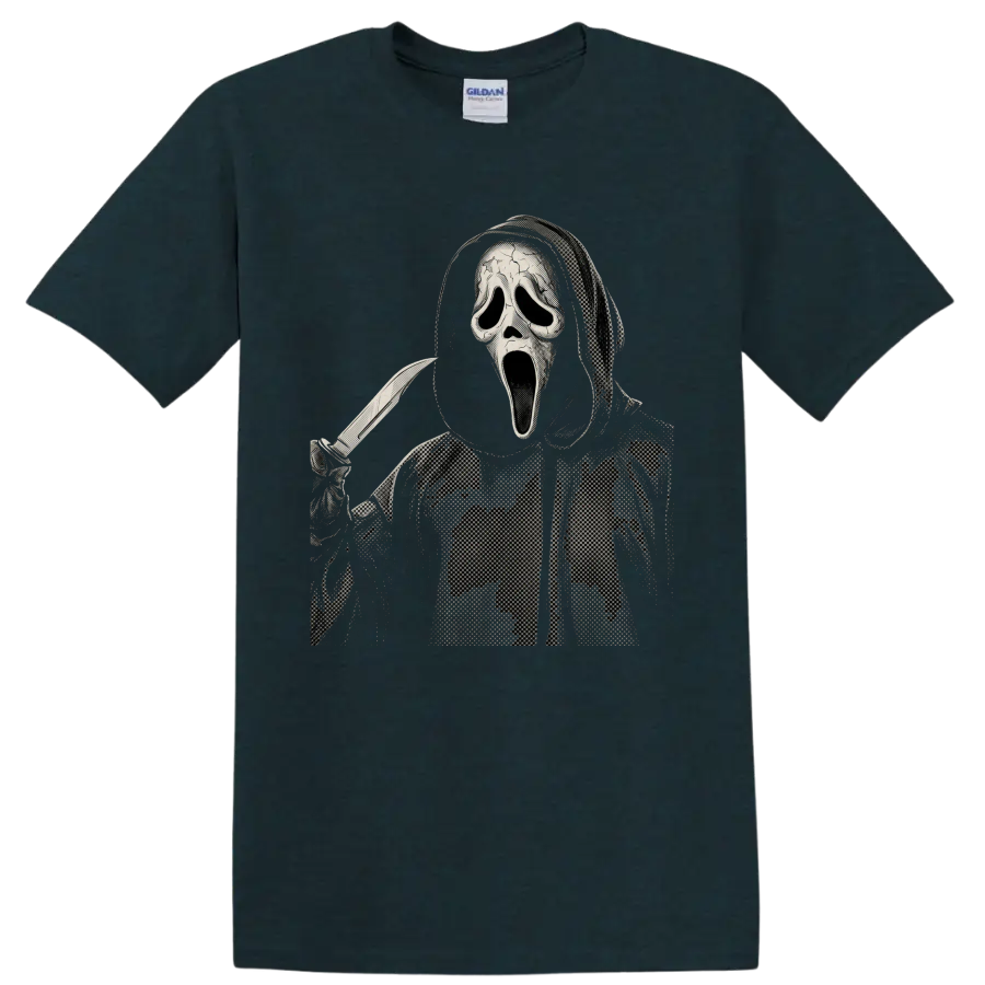 Ghostface holding a knife in a distressed halftone horror graphic on a Midnight (Green) T Shirt