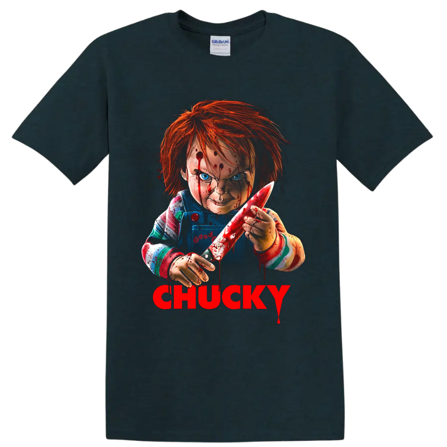 Chucky Child's Play 2 horror graphic with bloody knife and CHUCKY text on a Midnight (Green) T Shirt