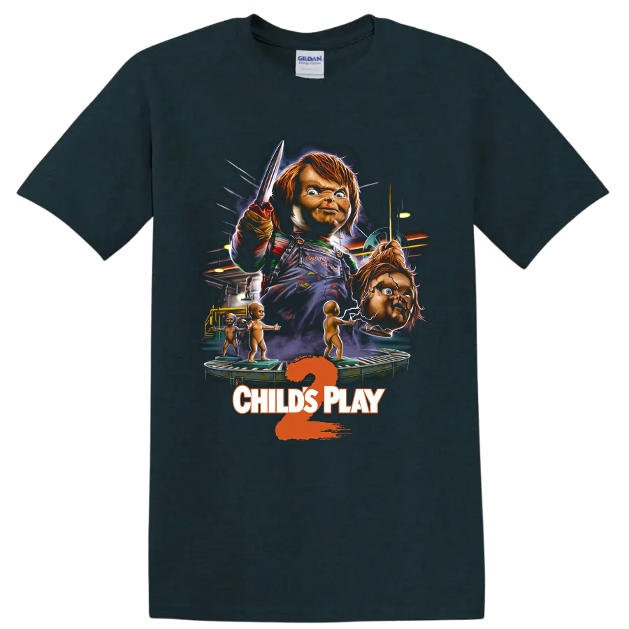 Chucky Child's Play 2 toy factory horror graphic with knife and CHILD'S PLAY text on a Midnight (Green) T Shirt