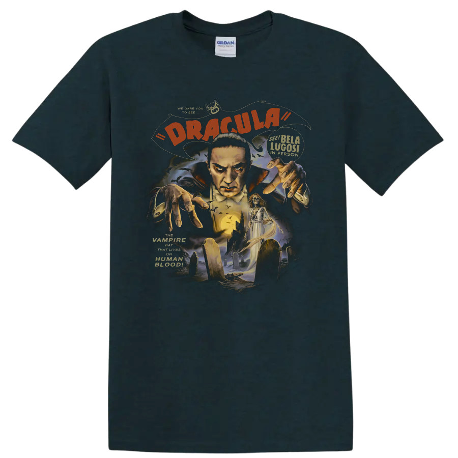 Bela Lugosi as Count Dracula vintage gothic graveyard horror graphic on a Midnight (Green) T Shirt