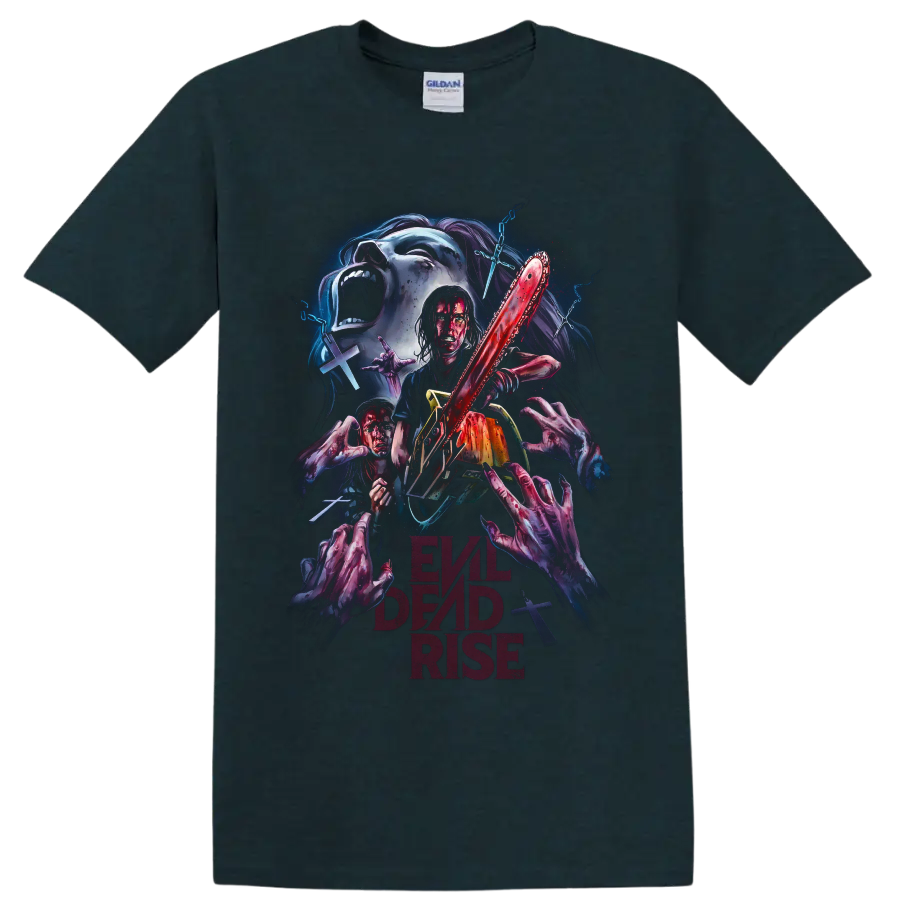 Evil Dead Rise horror chainsaw graphic with undead hands and demon imagery on a Midnight (Green) T Shirt
