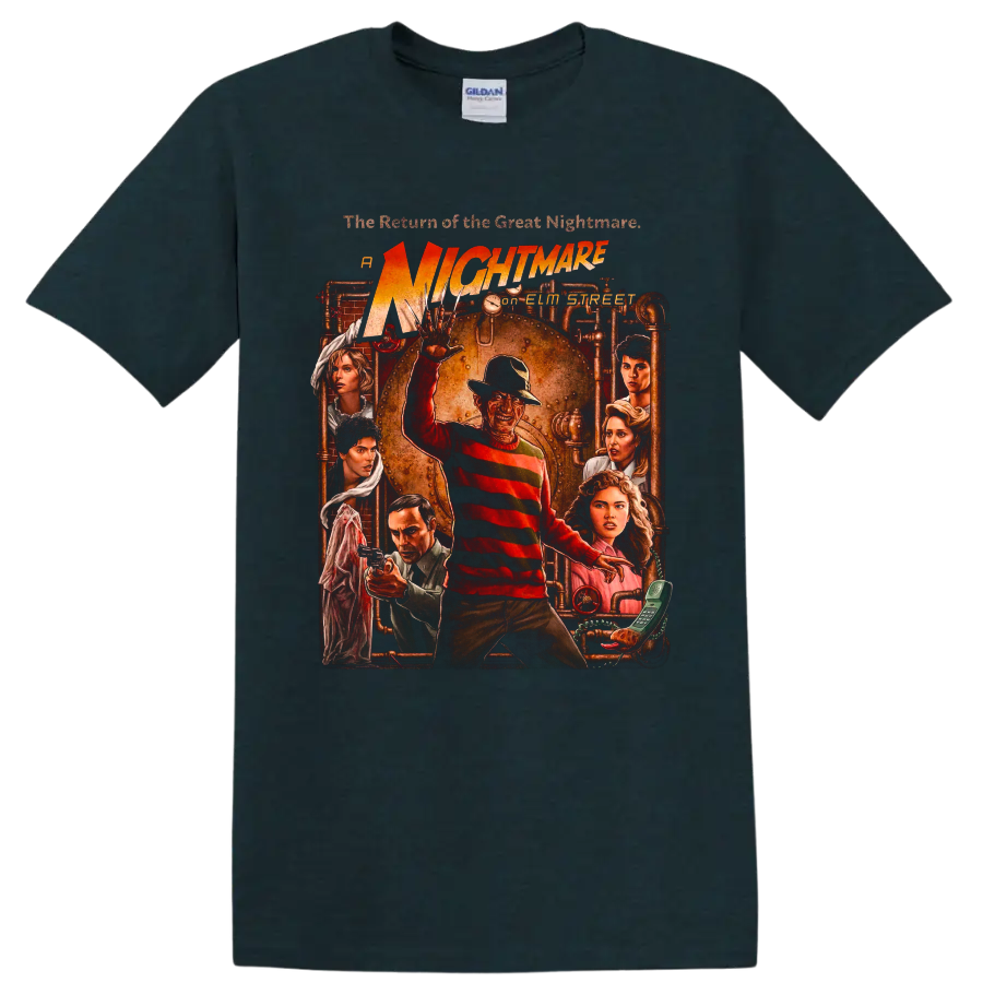 Freddy Krueger vintage horror poster graphic with A Nightmare on Elm Street text on a Midnight (Green) T Shirt
