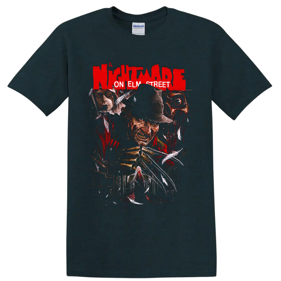 Freddy Krueger horror graphic with bladed glove and Nightmare on Elm Street text on a Midnight (Green) T Shirt