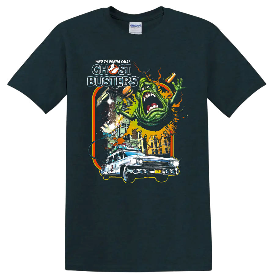 Slimer and Ecto-1 Ghostbusters retro horror graphic on a Midnight (Green) T Shirt