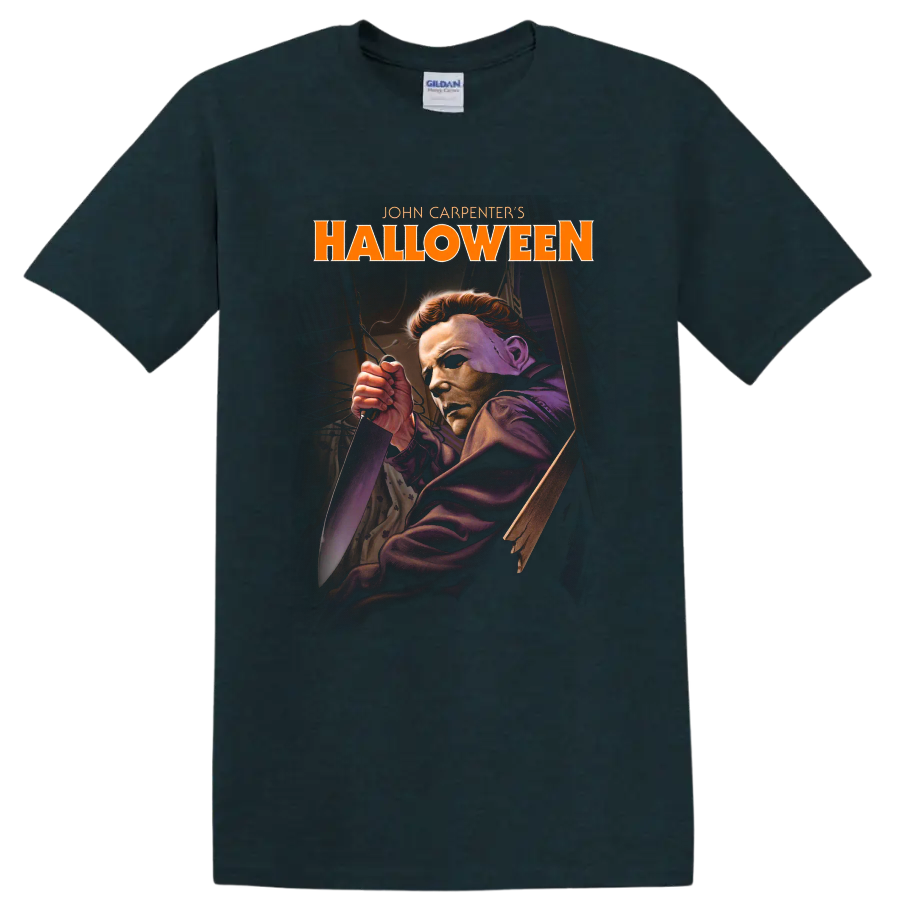 Michael Myers masked with knife, John Carpenter's Halloween graphic on a Midnight (Green) T Shirt