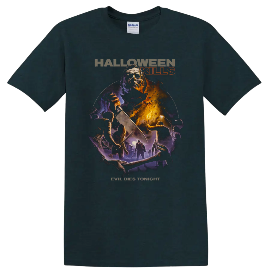 Michael Myers Halloween Kills slasher collage with knife and horror text on a Midnight (Green) T Shirt