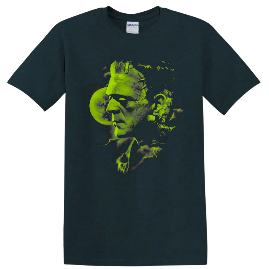 Boris Karloff as Frankenstein's Monster in distressed green gothic artwork on a Midnight (Green) T Shirt