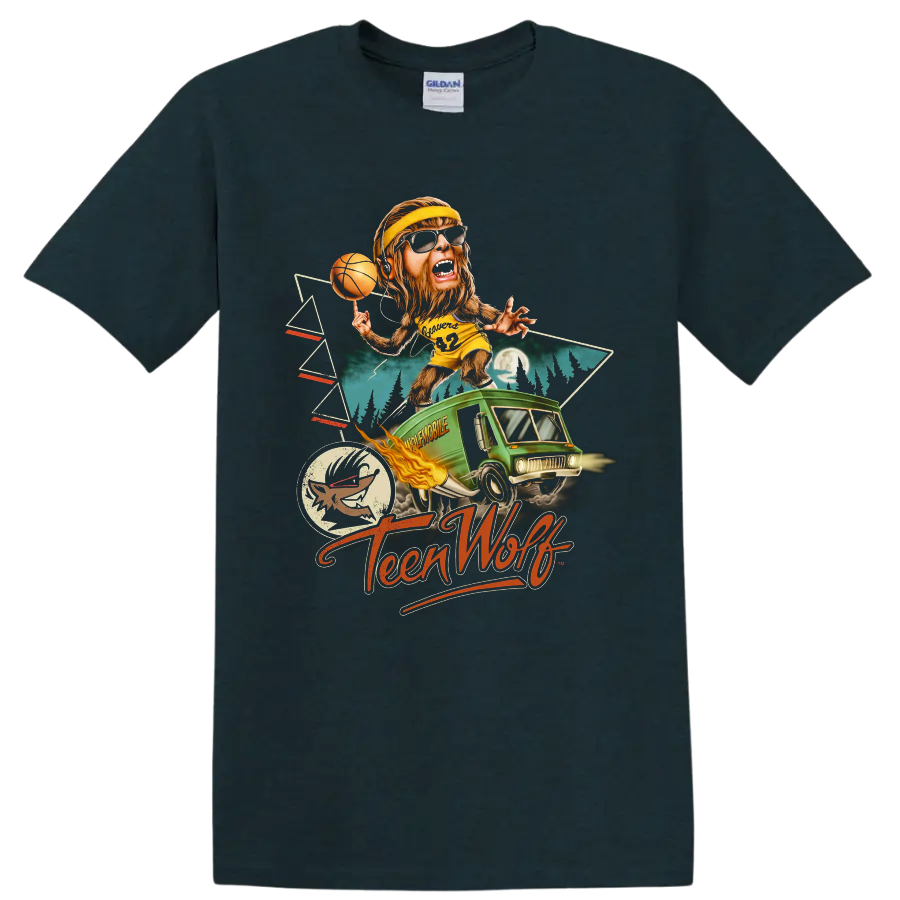 Scott Howard as a basketball-playing werewolf with Teen Wolf script on a Midnight (Green) T Shirt