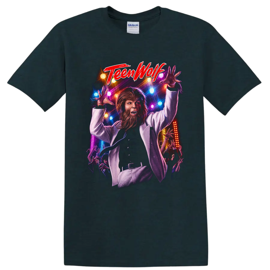 Michael J. Fox as the Teen Wolf werewolf in a colorful dance scene on a Midnight (Green) T Shirt