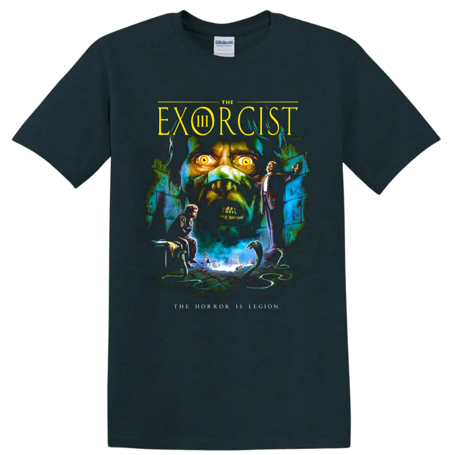 The Exorcist III gothic horror poster art with a glowing-eyed demon face on a Midnight (Green) T Shirt