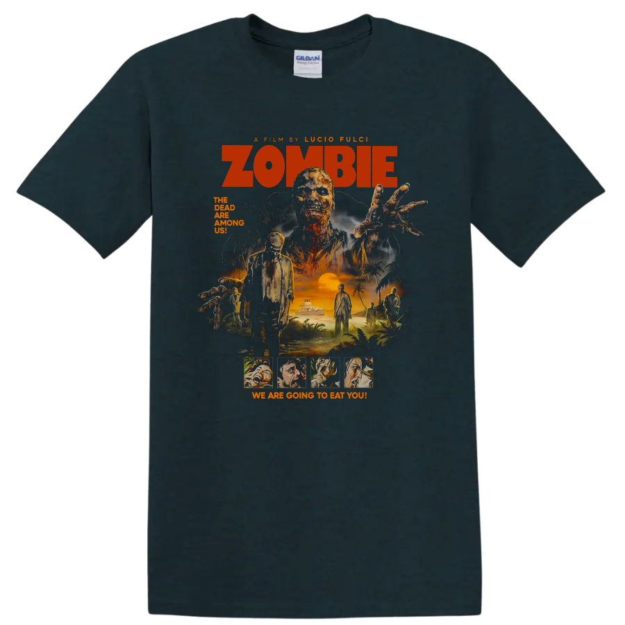 Zombie Lucio Fulci horror poster art with undead figure and orange lettering on a Midnight (Green) T Shirt