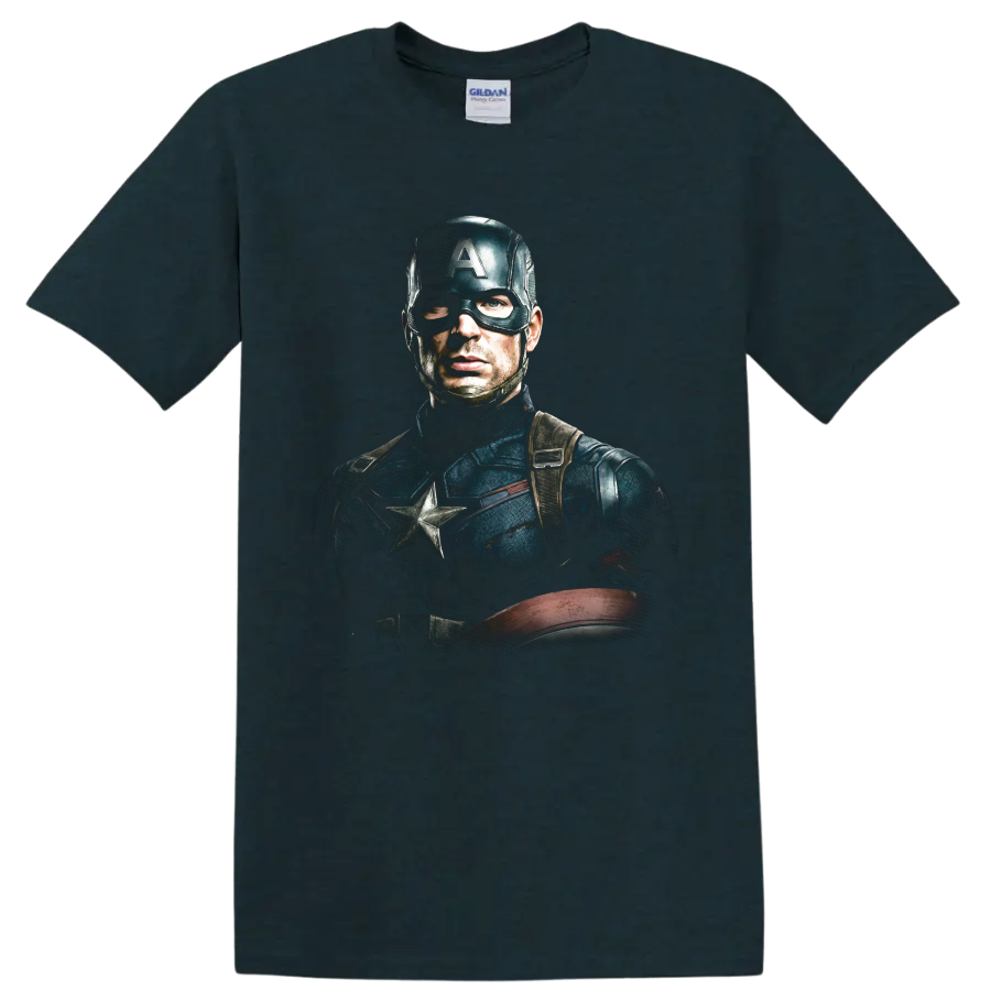 Captain America Chris Evans cinematic superhero portrait with shield on a Midnight (Green) T Shirt