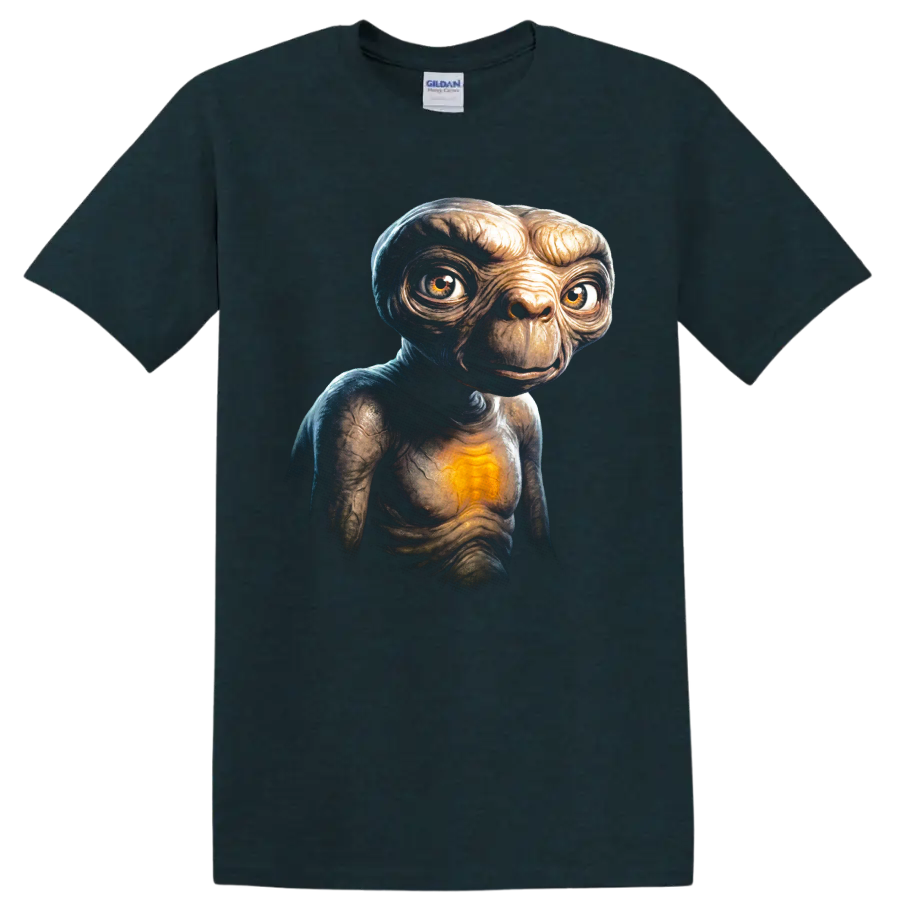 E.T. glowing heart alien portrait graphic print on a Midnight (Green) T Shirt