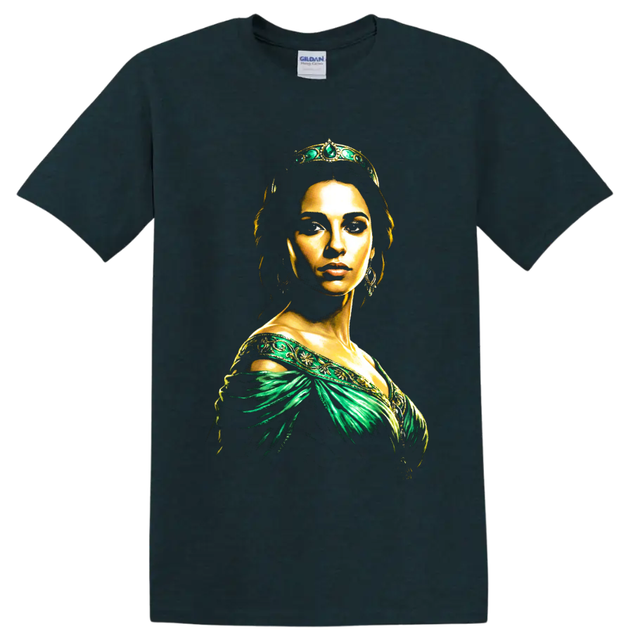 Princess Jasmine portrait from Aladdin in emerald and gold fantasy art on a Midnight (Green) T Shirt