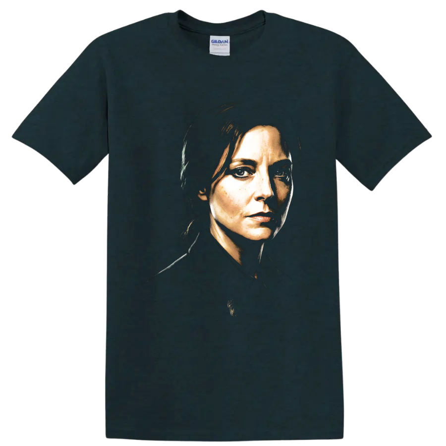 Carol portrait from Pluribus in dramatic painterly character art on a Midnight (Green) T Shirt