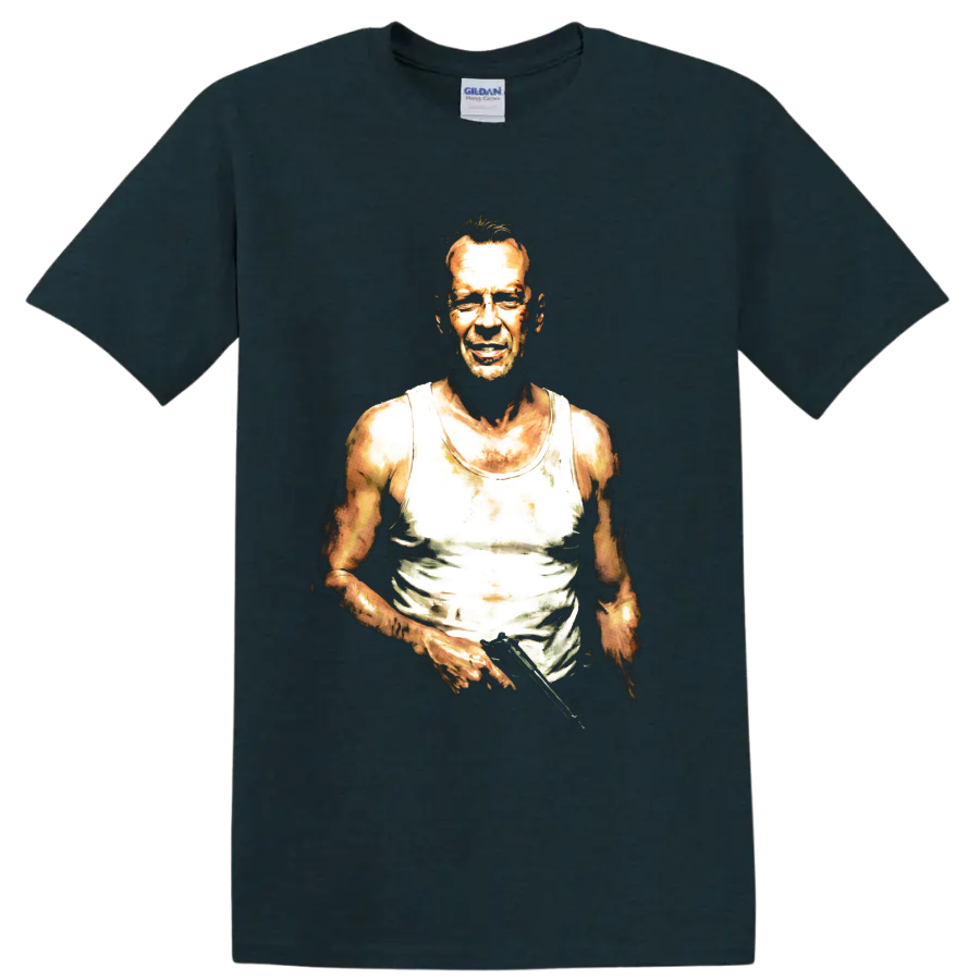 John McClane from Die Hard in a gritty high-contrast portrait on a Midnight (Green) T Shirt