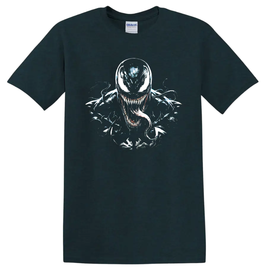 Venom symbiote monster graphic with sharp teeth and curling tongue on a Midnight (Green) T Shirt