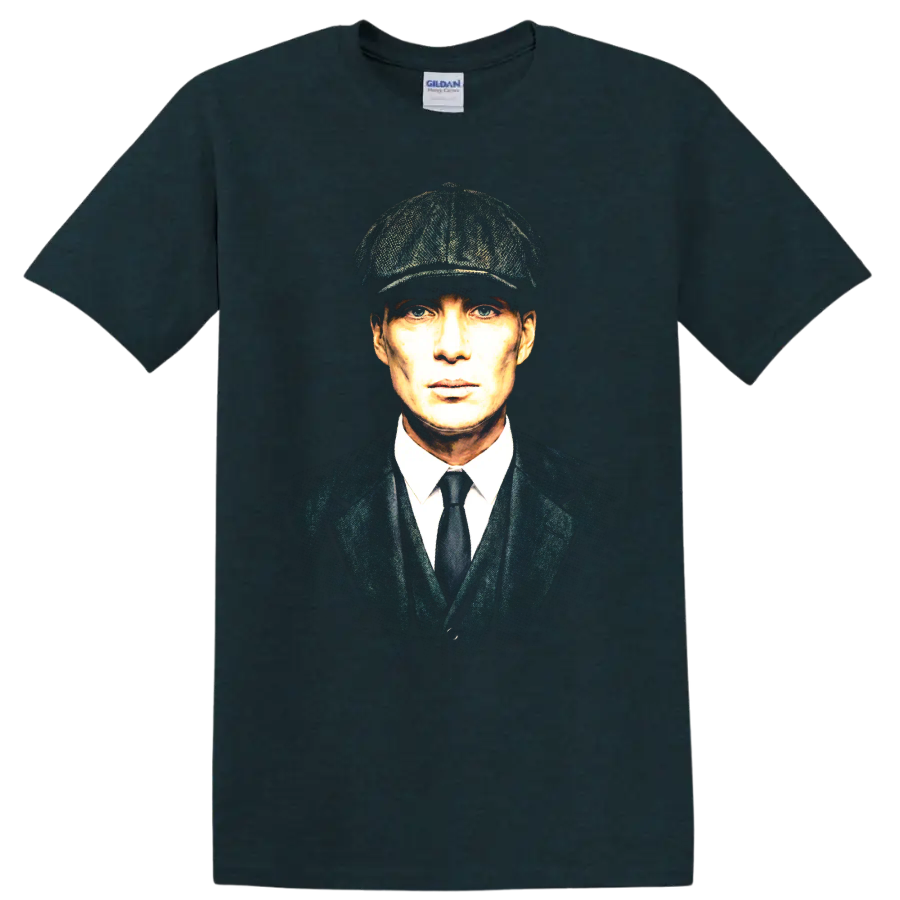 Thomas Shelby portrait in flat cap and suit, vintage graphic print on a Midnight (Green) T Shirt