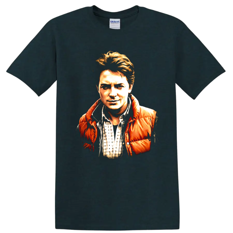 Marty McFly Back to the Future vintage painted portrait graphic on a Midnight (Green) T Shirt