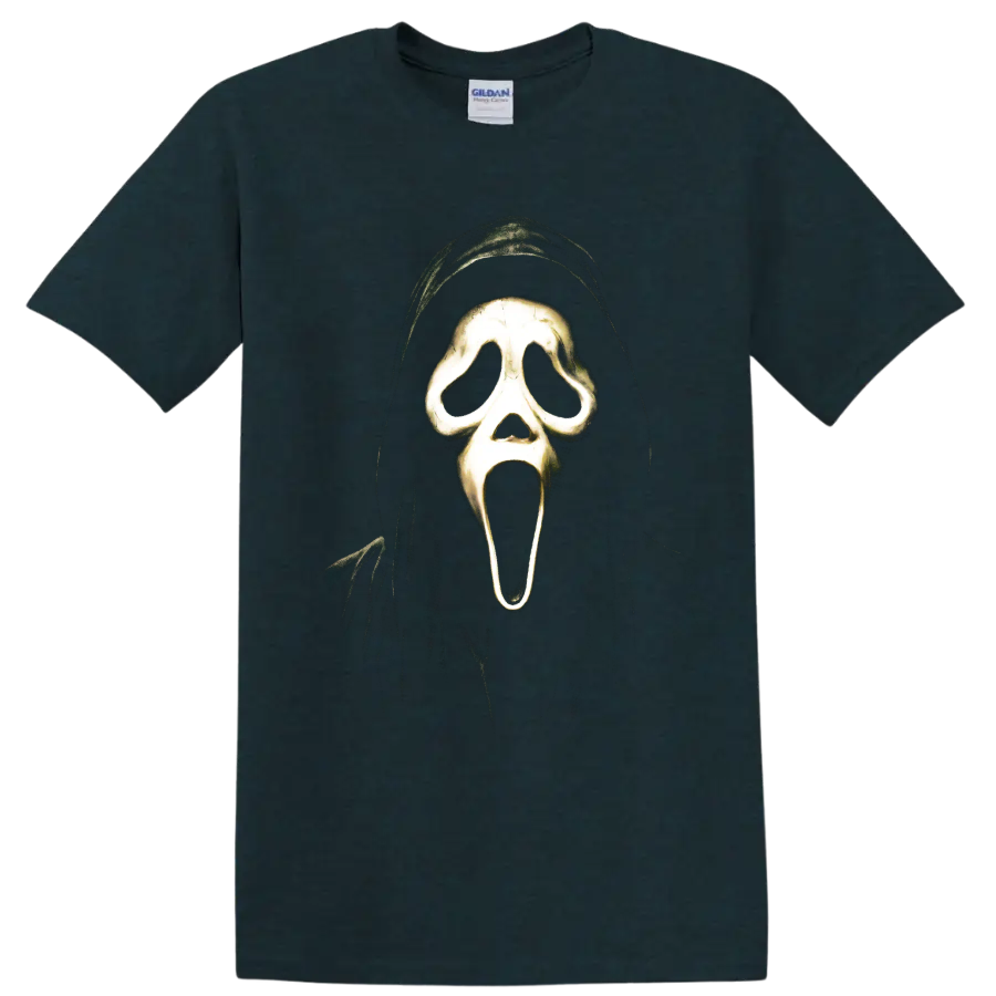Ghostface hooded screaming mask horror graphic from Scream on a Midnight (Green) T Shirt