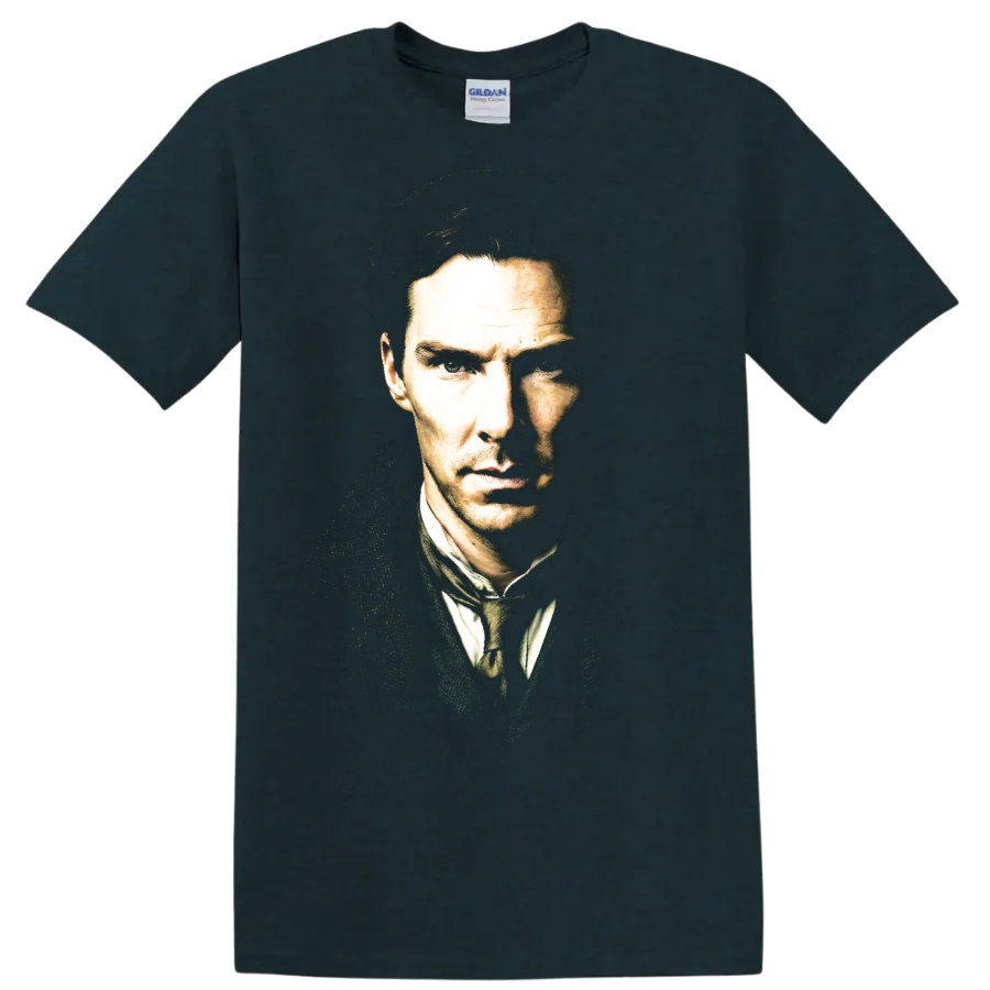 Benedict Cumberbatch as Sherlock in a dramatic high-contrast portrait on a Midnight (Green) T Shirt