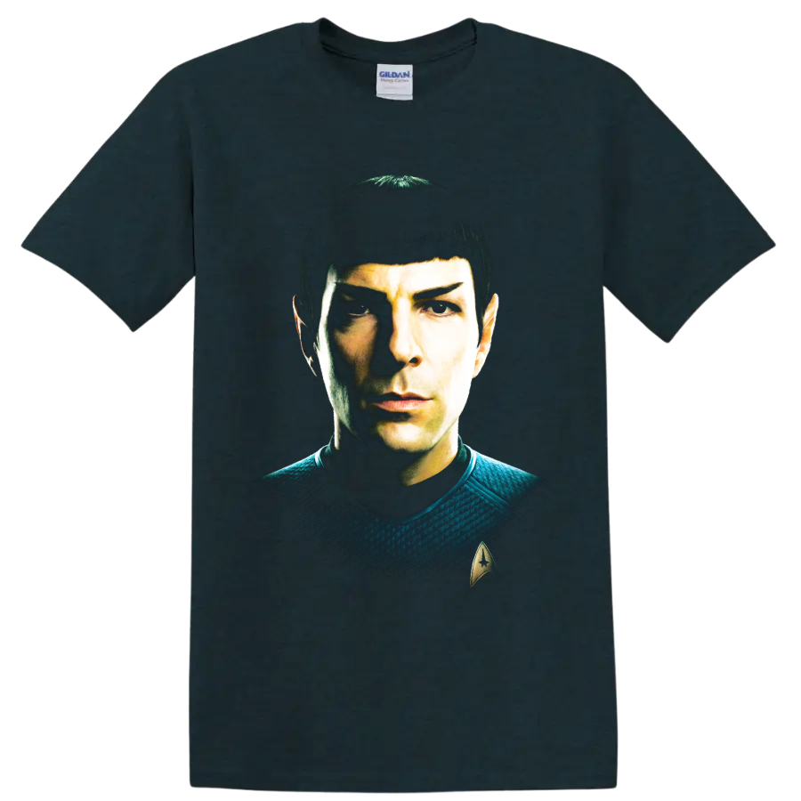 Spock Star Trek portrait graphic with pointed ears and Starfleet insignia on a Midnight (Green) T Shirt
