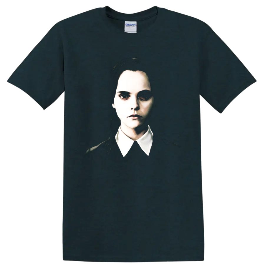Wednesday Addams gothic portrait with white collar on a Midnight (Green) T Shirt