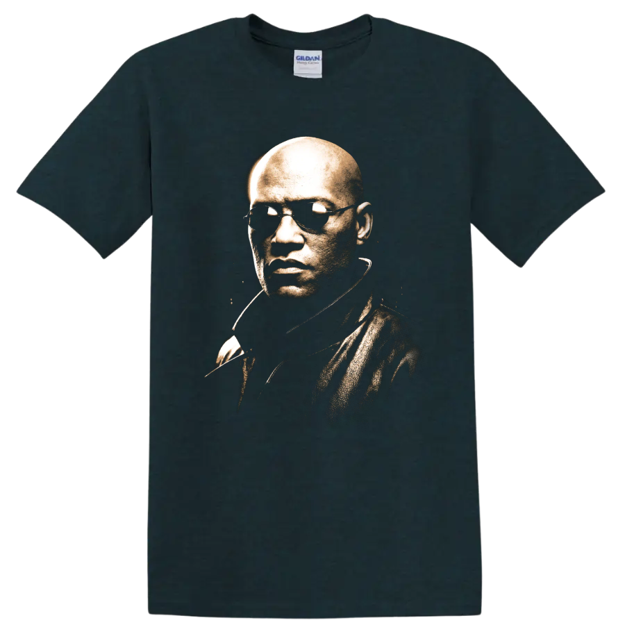 Morpheus from The Matrix sepia portrait with sunglasses on a Midnight (Green) T Shirt