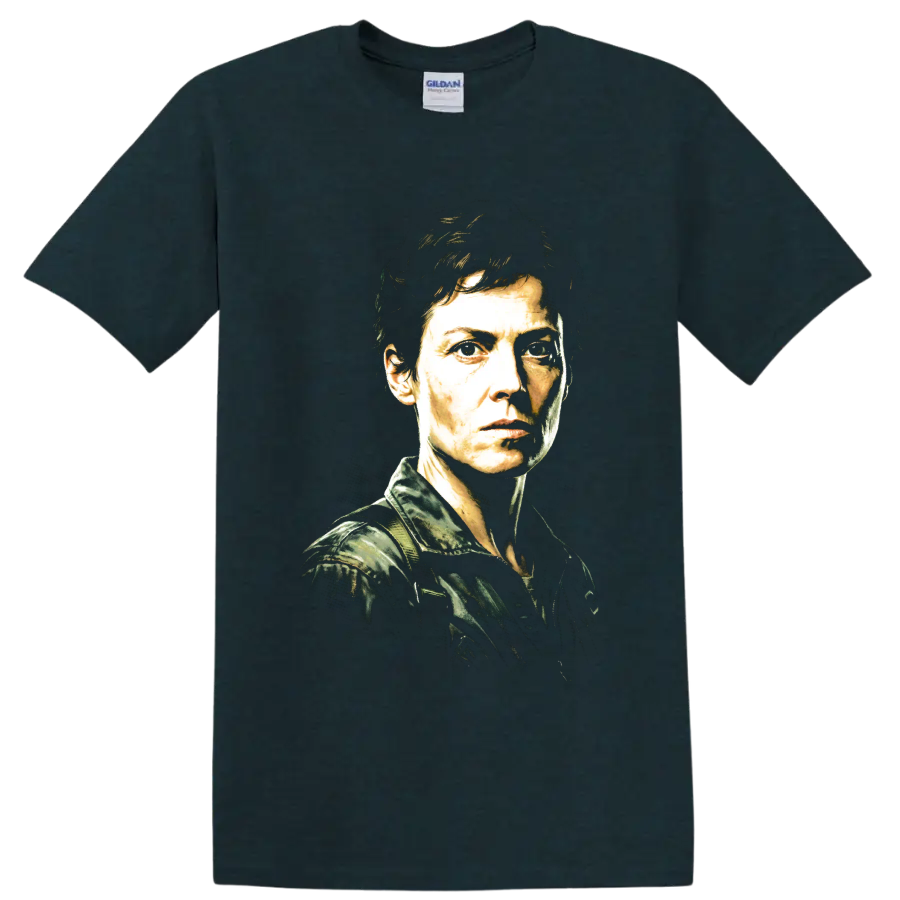 Ellen Ripley Alien portrait in a gritty high-contrast graphic style on a Midnight (Green) T Shirt