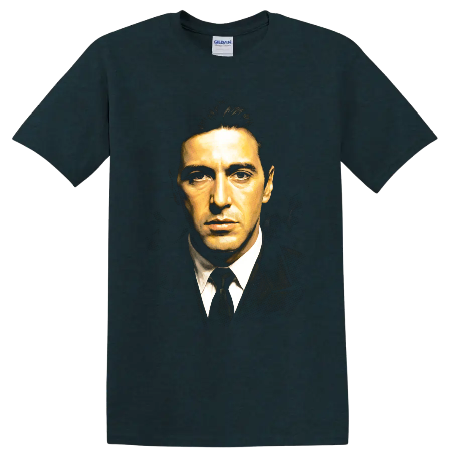 Michael Corleone portrait in dark suit, painterly cinematic graphic print on a Midnight (Green) T Shirt