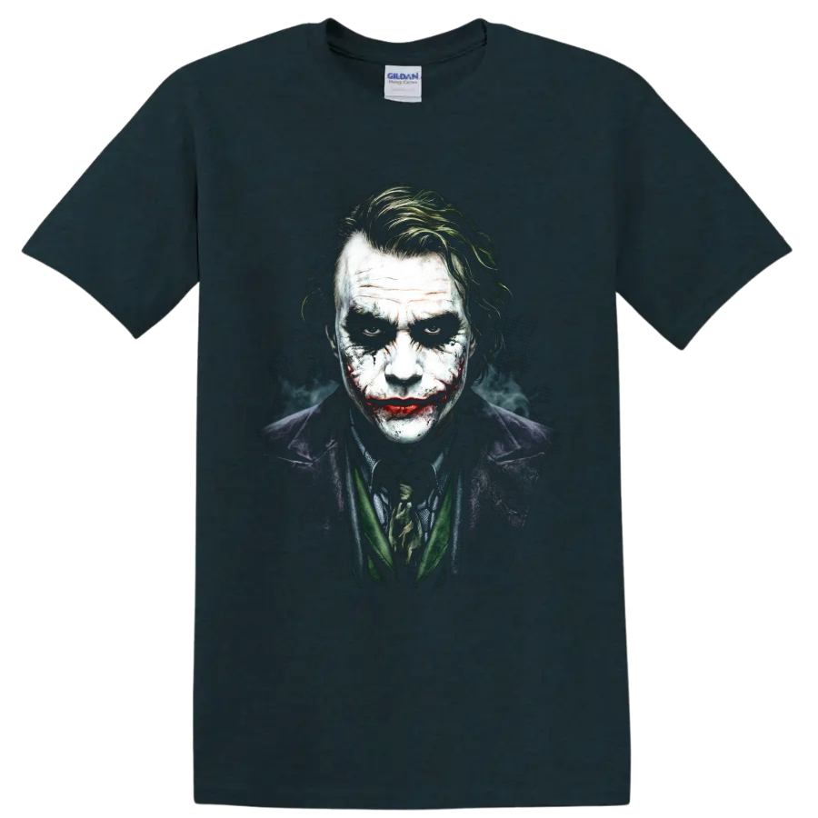 Joker from The Dark Knight gritty painted portrait graphic on a Midnight (Green) T Shirt