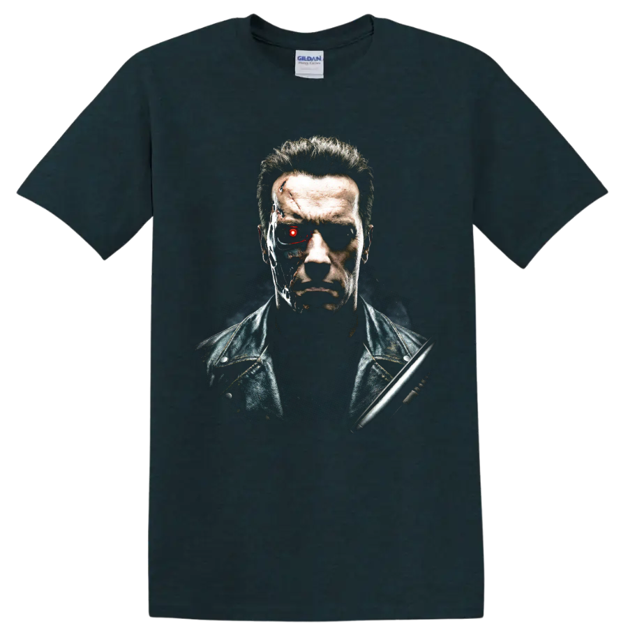 T-800 cyborg portrait from The Terminator with a glowing red eye on a Midnight (Green) T Shirt