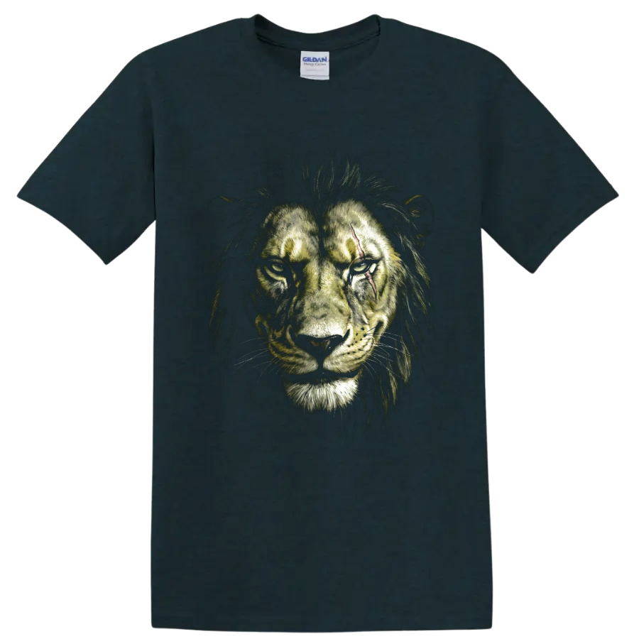 Scar from The Lion King as a dramatic scarred lion portrait on a Midnight (Green) T Shirt