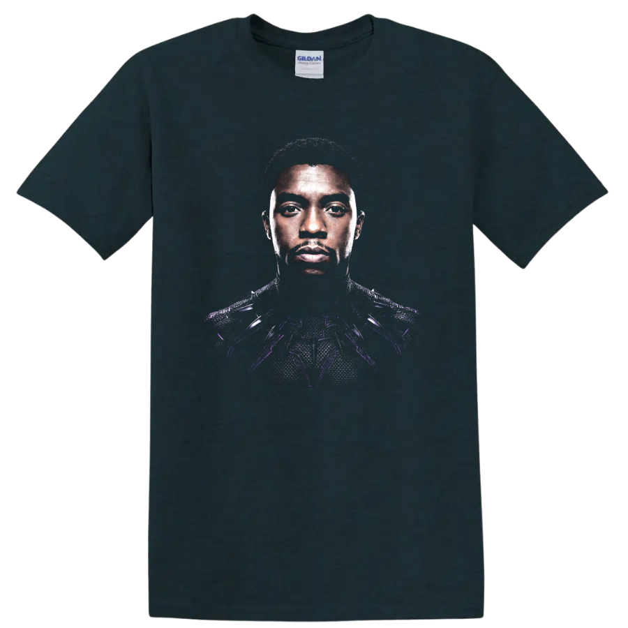 Black Panther armored portrait graphic with purple accents on a Midnight (Green) T Shirt