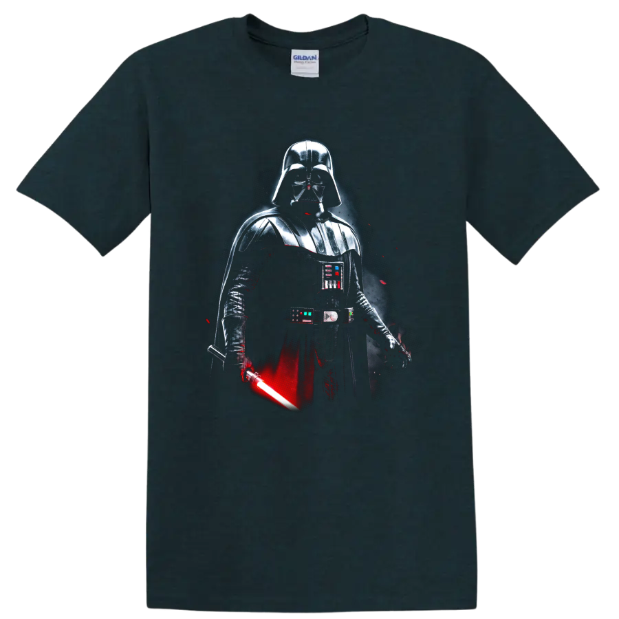 Darth Vader in dark armor with a glowing red lightsaber graphic on a Midnight (Green) T Shirt